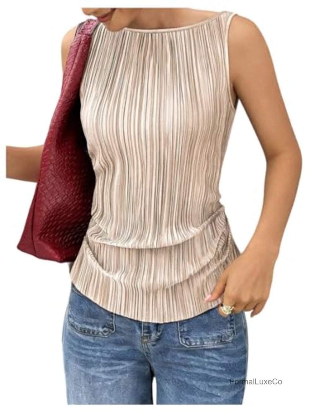 Pleated Cinched Waist Tank Top Boat Neck Sleeveless Work Blouse